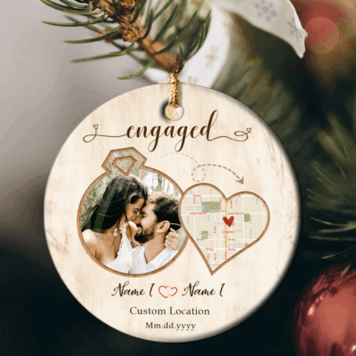 Custom Engagement Location Ornament - Engaged Couple Gift with custom photo or map, engaged couple Christmas keepsake gift, custom engagement ornament.
