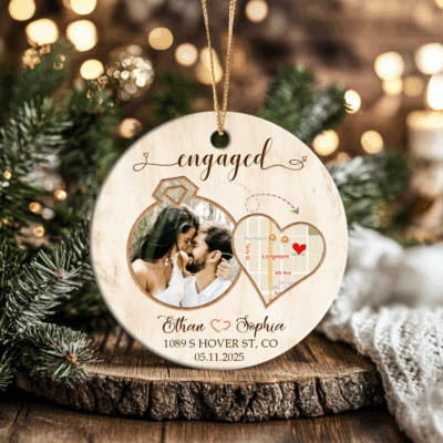 Custom Engagement Location Ornament - Engaged Couple Gift with custom photo or map, engaged couple Christmas keepsake gift, custom engagement ornament.