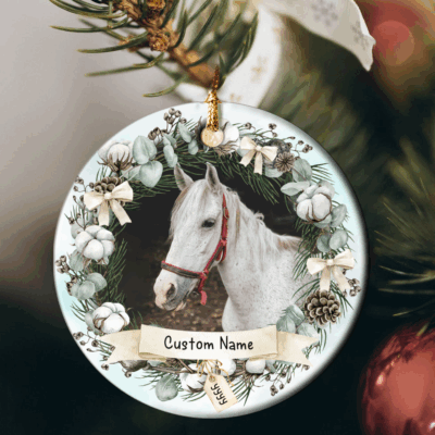 Personalized horse Christmas ornament with personalized photo and name, ceramic equestrian holiday keepsake.