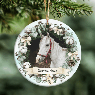 Personalized horse Christmas ornament with personalized photo and name, ceramic equestrian holiday keepsake.