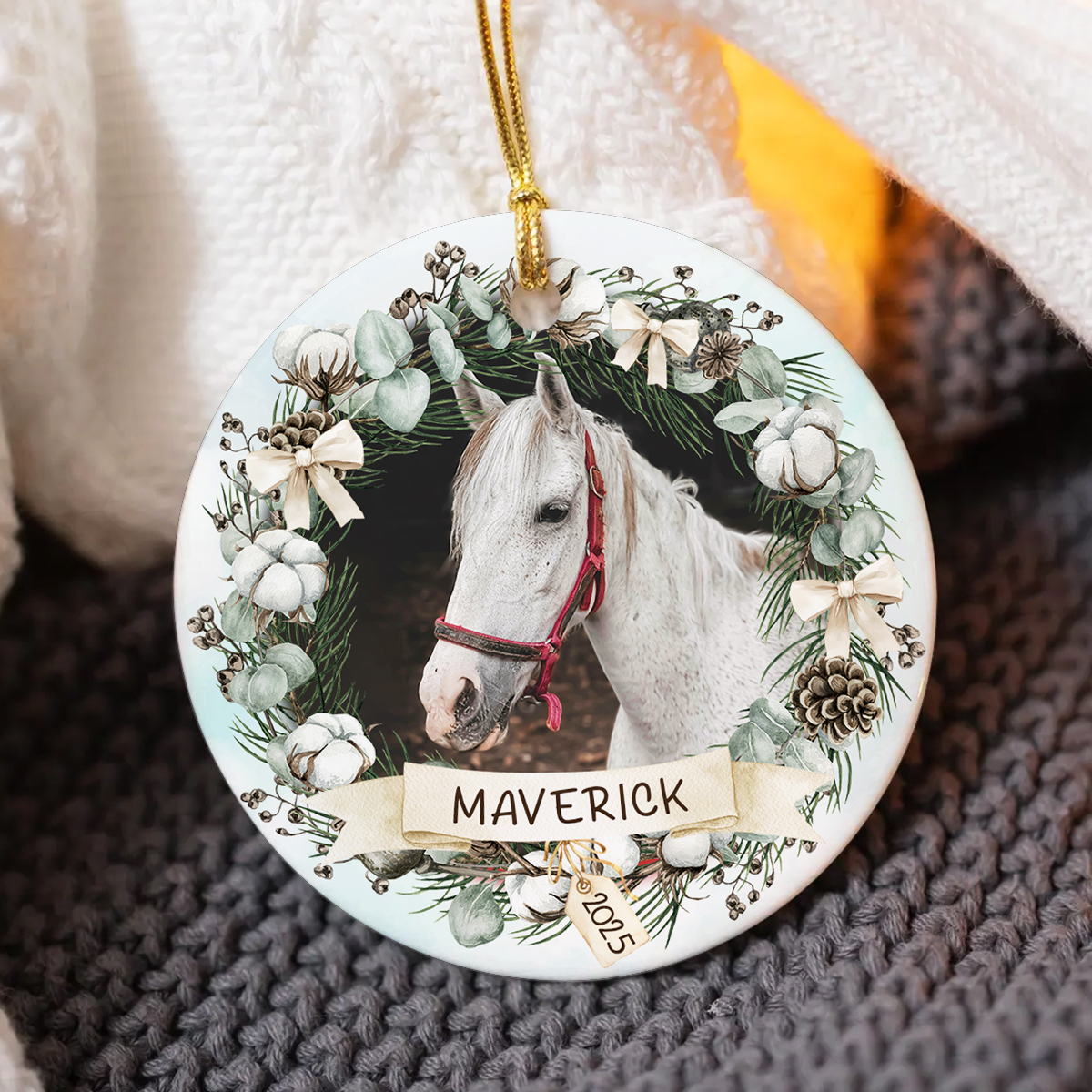 Personalized Horse Christmas Ornament - Custom Photo Horse Gift, Horse Lover Holiday Ceramic Ornament, Equestrian Holiday Keepsake 1 Personalized horse Christmas ornament with personalized photo and name, ceramic equestrian holiday keepsake.