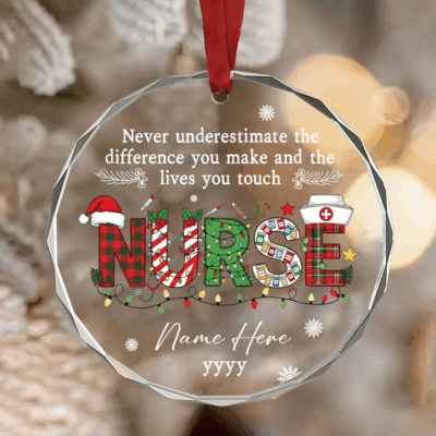 Personalized nurse Christmas ornament with name printed on glass, personalized healthcare worker holiday keepsake.