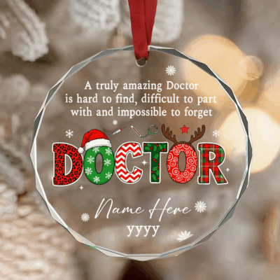 Personalized doctor Christmas glass ornament with custom name, medical appreciation holiday keepsake.