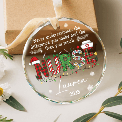 Personalized nurse Christmas ornament with name printed on glass, personalized healthcare worker holiday keepsake.