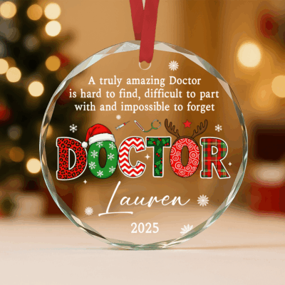 Personalized doctor Christmas glass ornament with custom name, medical appreciation holiday keepsake.