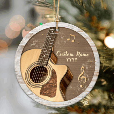 Personalized guitar Christmas ornament with custom name, acoustic guitar holiday keepsake for musicians.