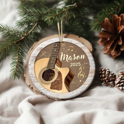 Personalized guitar Christmas ornament with custom name, acoustic guitar holiday keepsake for musicians.