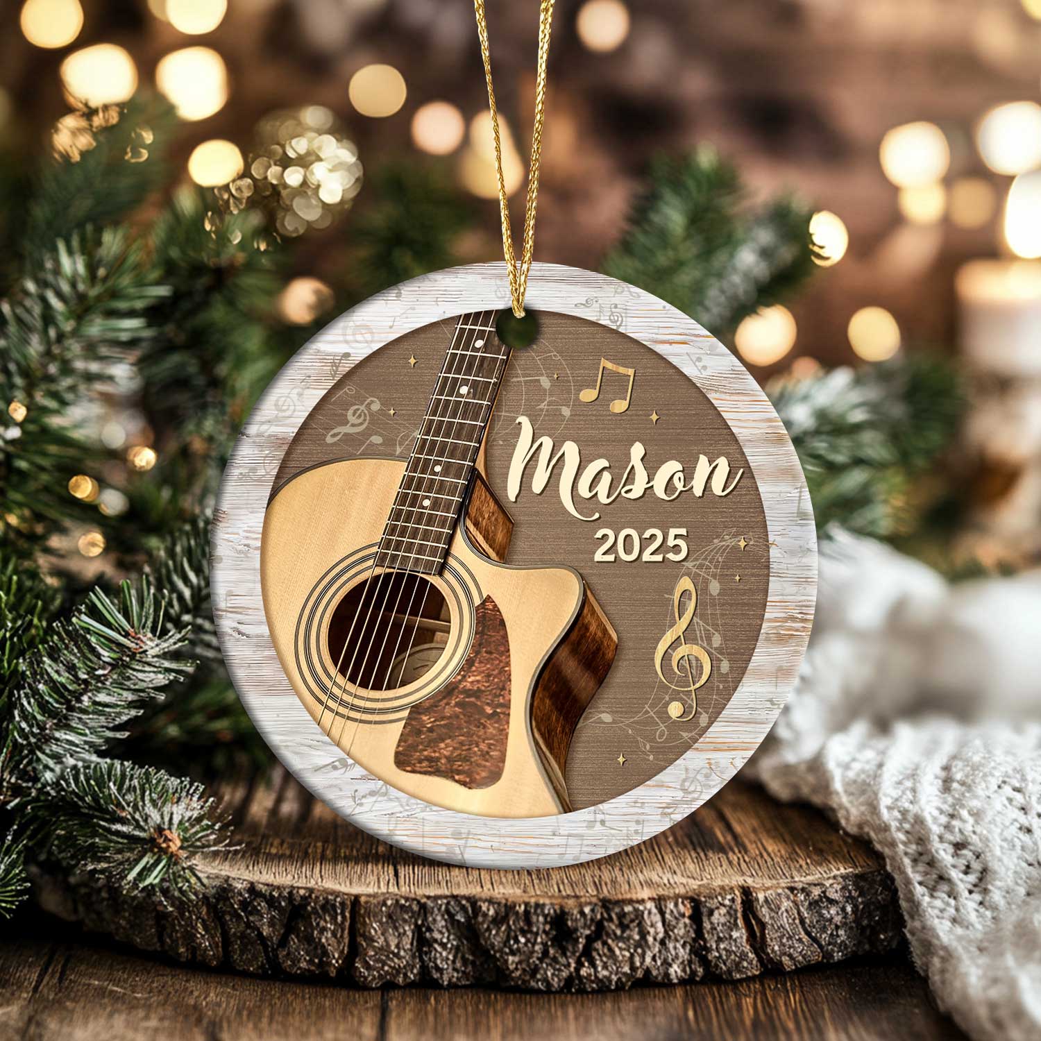Personalized guitar Christmas ornament with custom name, acoustic guitar holiday keepsake for musicians.