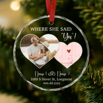 Custom Map Photo Glass Ornament - Christmas Couple Gift with couple photo, personalized location marker, names and date, engagement keepsake, Christmas couple ornament, ‘Where She Said Yes’ map decoration.