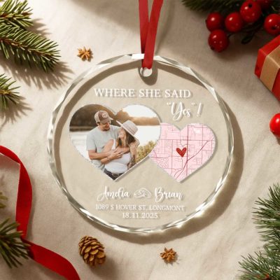 Custom Map Photo Glass Ornament - Christmas Couple Gift with couple photo, personalized location marker, names and date, engagement keepsake, Christmas couple ornament, ‘Where She Said Yes’ map decoration.