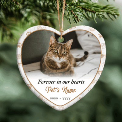 Custom Cat Photo Memorial Ornament - Cat Lover Gift with framed cat picture, personalized with pet name and year, Christmas ceramic ornament for cat lovers, pet remembrance decoration, sympathy gift for cat loss.