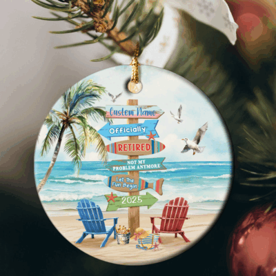 Custom Retired Ceramic Ornament - Christmas Gift for Retirement with personalized name and year, Christmas retirement gift, happy retirement keepsake decoration.