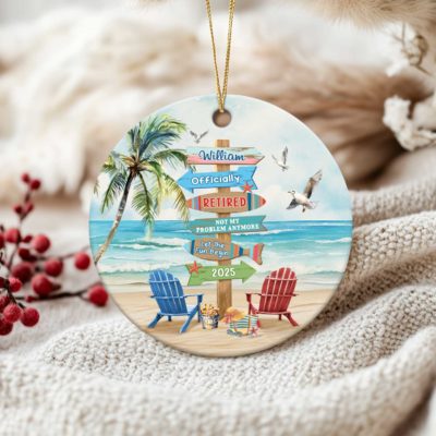 Custom Retired Ceramic Ornament - Christmas Gift for Retirement with personalized name and year, Christmas retirement gift, happy retirement keepsake decoration.