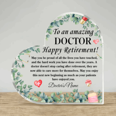 Personalized doctor retirement plaque with custom name and message, medical appreciation keepsake for retiring doctor.
