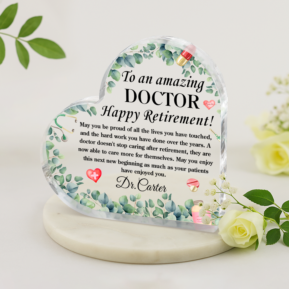 Personalized doctor retirement plaque with custom name and message, medical appreciation keepsake for retiring doctor.
