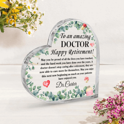 Personalized doctor retirement plaque with custom name and message, medical appreciation keepsake for retiring doctor.