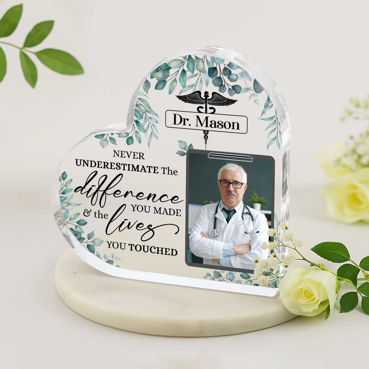 Personalized doctor appreciation acrylic plaque with photo and name, thank-you gift for medical professionals and retirement keepsake.