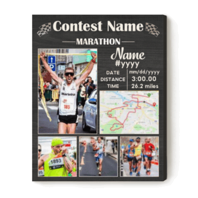 Personalized marathon completion map canvas showing custom race route, runner name, time, and location, personalized finisher gift.