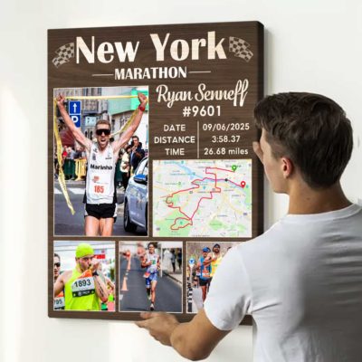 Personalized marathon completion map canvas showing custom race route, runner name, time, and location, personalized finisher gift.