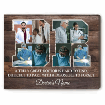Personalized doctor photo collage canvas with custom name and message, medical appreciation gift for clinic or office wall decor.