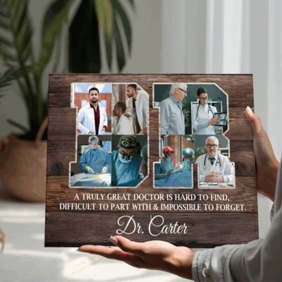 Personalized doctor photo collage canvas with custom name and message, medical appreciation gift for clinic or office wall decor.