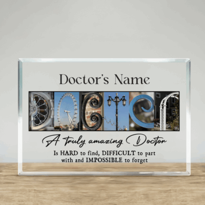 Personalized doctor acrylic plaque with custom name, modern medical office desk decor, thoughtful appreciation gift for doctors.