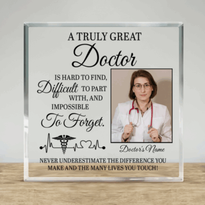 Personalized doctor retirement acrylic plaque with custom name and message, medical appreciation keepsake gift for retiring doctor.