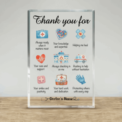 Custom doctor thank you acrylic plaque with personalized name and message, medical appreciation gift for healthcare workers, nurse, or doctor.