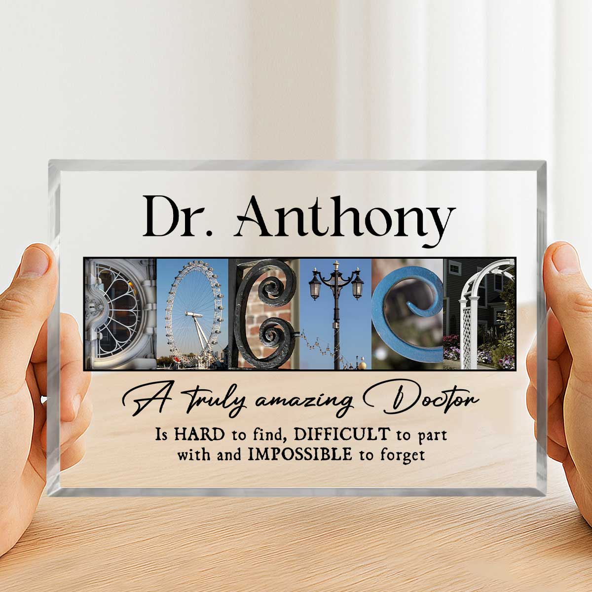 Personalized doctor acrylic plaque with custom name, modern medical office desk decor, thoughtful appreciation gift for doctors.