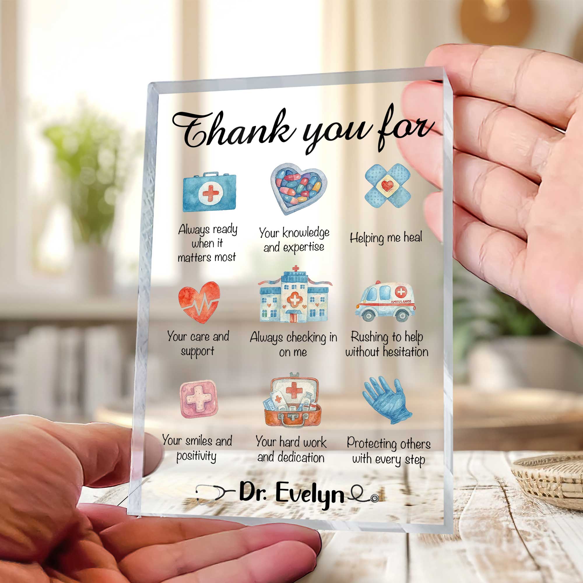 Custom doctor thank you acrylic plaque with personalized name and message, medical appreciation gift for healthcare workers, nurse, or doctor.