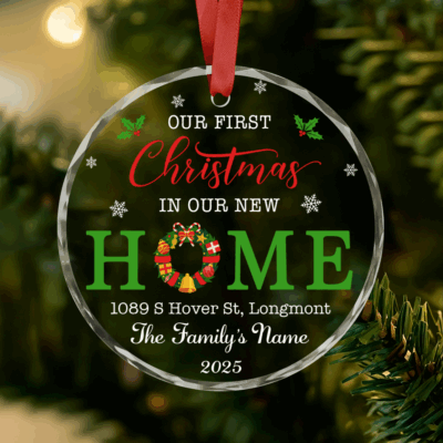Our First Christmas in Our New Home Ornament - New Home Gift featuring a custom address, personalized first home keepsake design, perfect new home gift for couples celebrating their first holiday in a new house.