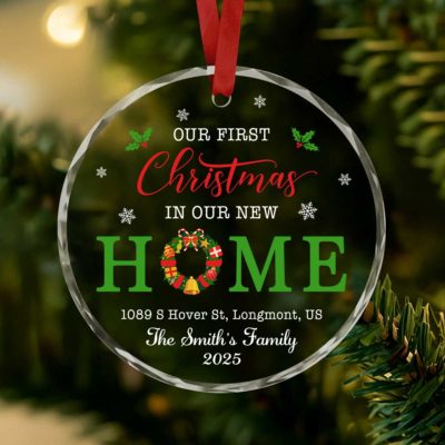 Our First Christmas in Our New Home Ornament - New Home Gift featuring a custom address, personalized first home keepsake design, perfect new home gift for couples celebrating their first holiday in a new house.