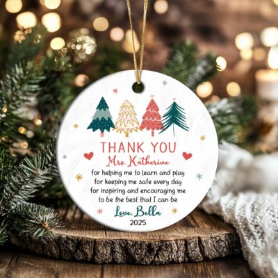 Benicee Shop 34 Custom Teacher Thank You Ceramic Ornament - Christmas Gift for Teacher with personalized name, Christmas teacher gift, white round ceramic ornament with red and green holiday design, thoughtful appreciation keepsake for teachers.