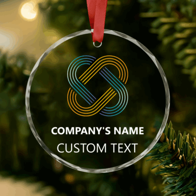 Custom Company Logo Glass Ornament - Christmas Company Gift with printed company logo and name, personalized business Christmas ornament, clear round glass keepsake, corporate holiday gift for employees or clients.