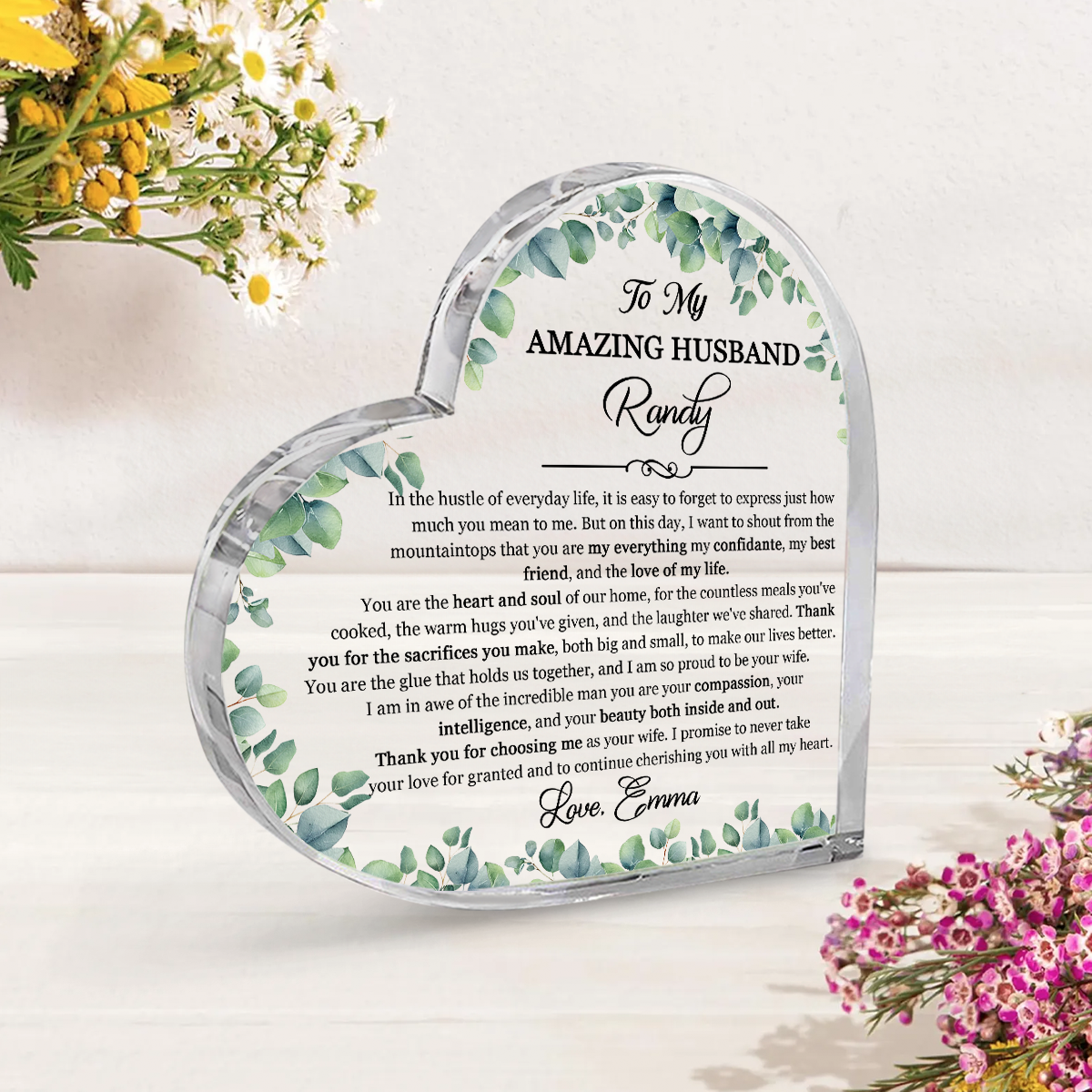 To my husband Personalized acrylic plaque featuring romantic message from wife, custom name design, elegant clear acrylic keepsake for anniversary, birthday, or Valentine’s Day gift.