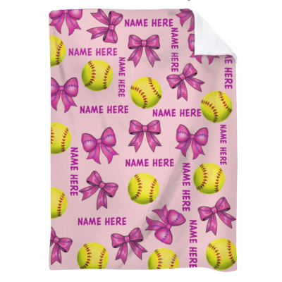 Personalized softball blanket for girls with custom name and pink bow softball pattern, soft fleece gift for softball player or senior night.