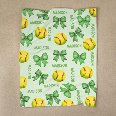Personalized softball blanket for girls with custom name and pink bow softball pattern, soft fleece gift for softball player or senior night.