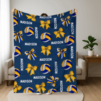 Personalized volleyball blanket for girls with custom name and bow design