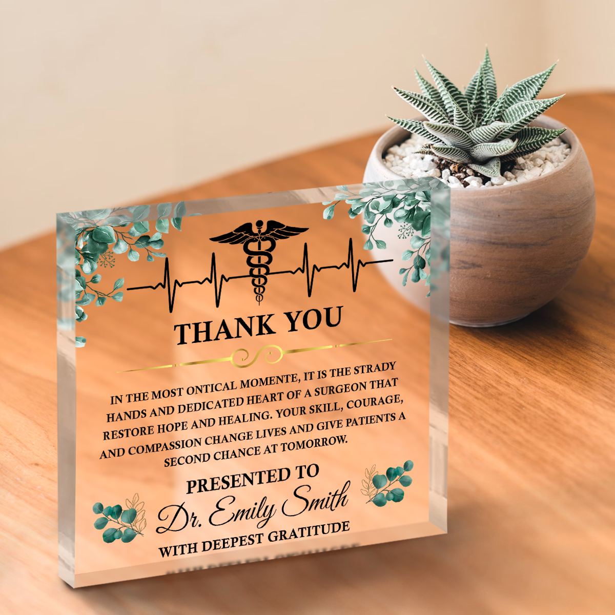 Personalized doctor thank you plaque with custom name and message