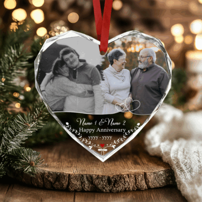 Personalized wedding anniversary glass ornament with Then and Now photos