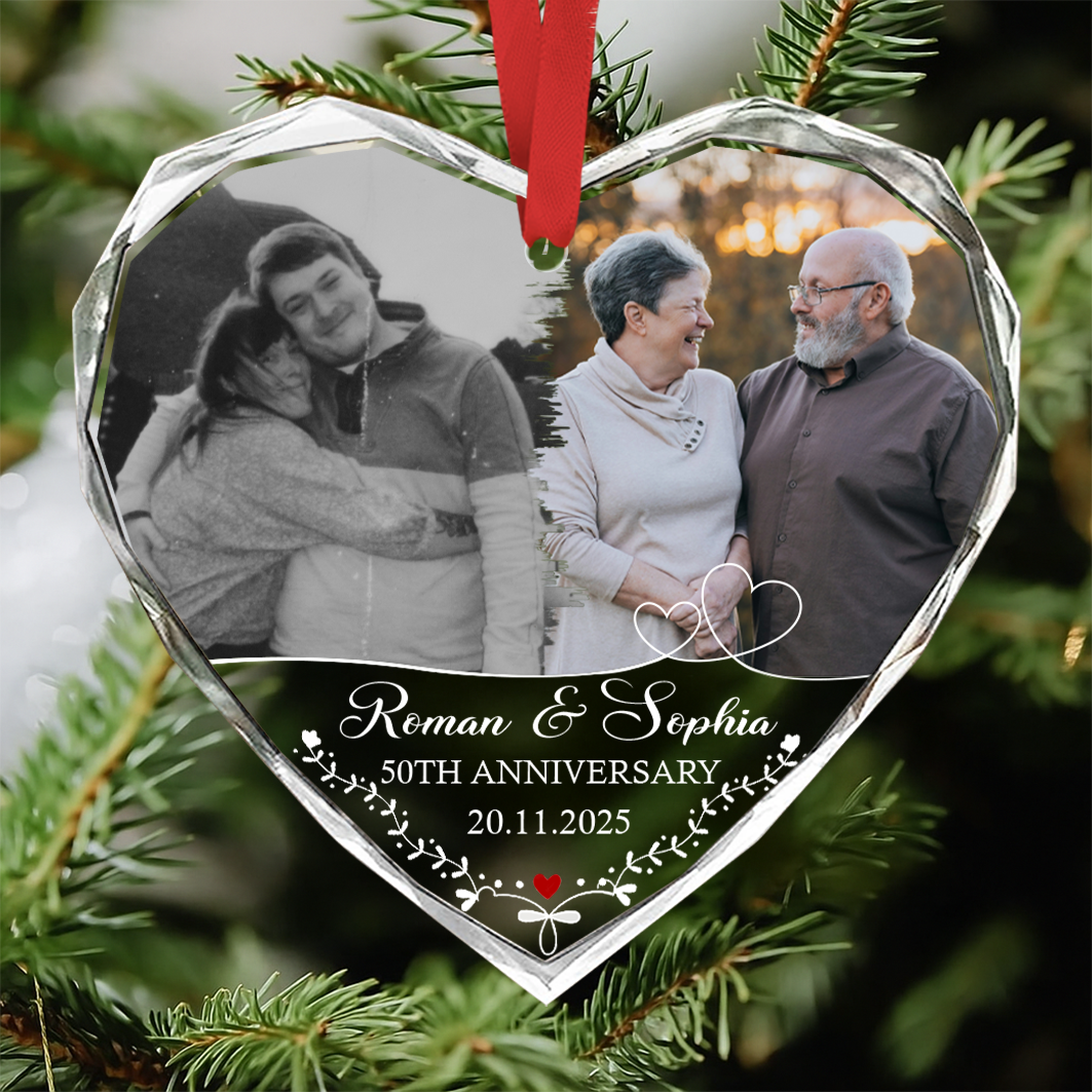 Personalized wedding anniversary glass ornament with Then and Now photos