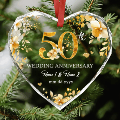 Personalized 50th Anniversary Glass Ornament - Wedding Anniversary Gift with couple’s names and wedding date, 50th anniversary golden wedding keepsake, elegant custom ornament for parents’ anniversary celebration.