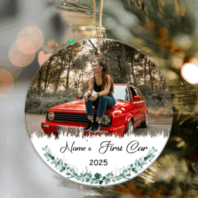 Personalized first car ornament with custom photo and name on ceramic surface