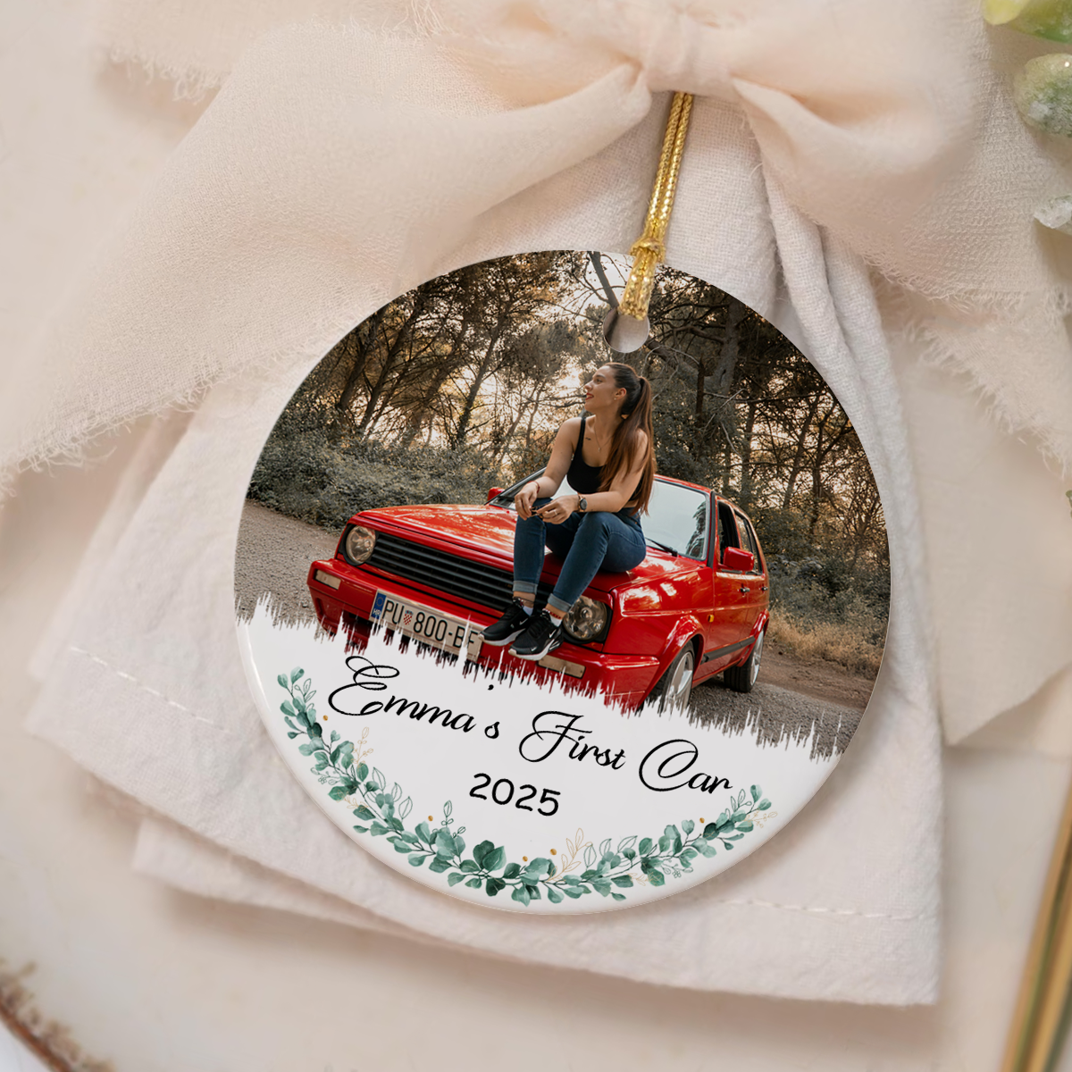 Personalized First Car Ornament - Custom Photo New Car Ceramic Ornament, Christmas Ornament Gifts for New Driver, 1st Car Keepsake Gifts 1 Personalized first car ornament with custom photo and name on ceramic surface