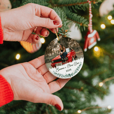 Benicee Shop 27 Personalized first car ornament with custom photo and name on ceramic surface