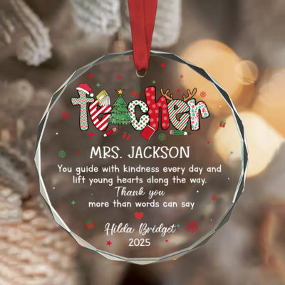 Benicee Shop 25 Custom Teacher Name Glass Ornament - Christmas Gift for Teacher with teacher’s name, custom Christmas teacher gift, holiday thank-you keepsake for teachers, elegant round glass ornament design.