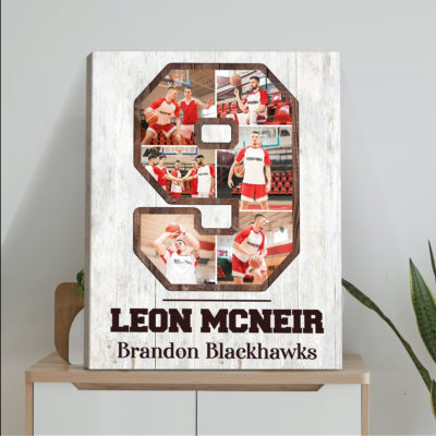Custom Jersey Number Photo Collage Canvas – Personalized Sports Number Wall Art, Senior Night Gift for Basketball Player, Athlete Photo Gift 10 Custom jersey number photo collage canvas with athlete pictures and personalized number