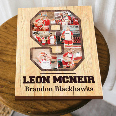 Custom Jersey Number Photo Collage Canvas – Personalized Sports Number Wall Art, Senior Night Gift for Basketball Player, Athlete Photo Gift 9 Custom jersey number photo collage canvas with athlete pictures and personalized number