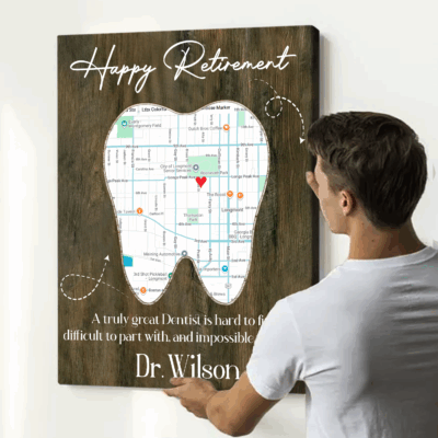 Benicee Shop 41 Personalized dentist retirement map canvas featuring dental office location and custom details