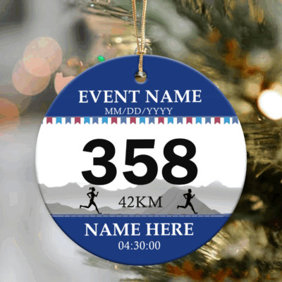 Personalized race bib Christmas ornament with custom bib number and runner’s name